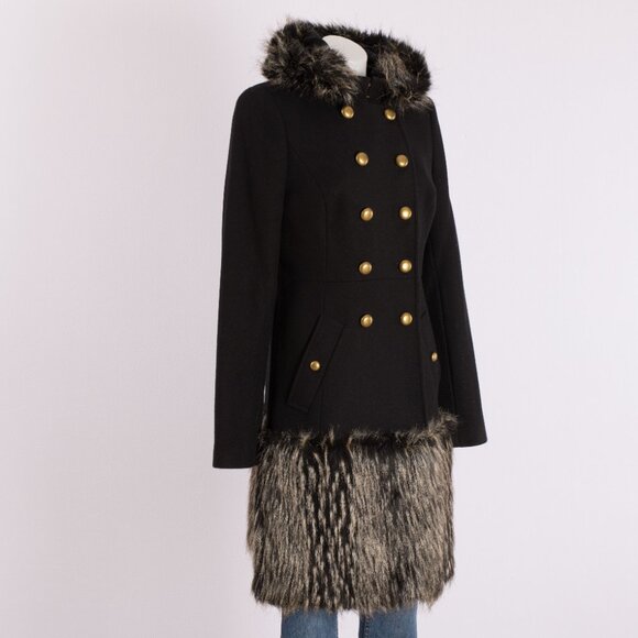 Rachel Zoe Black Wool Military Coat with Faux Fur Trim Size US 8 - Picture 3 of 11